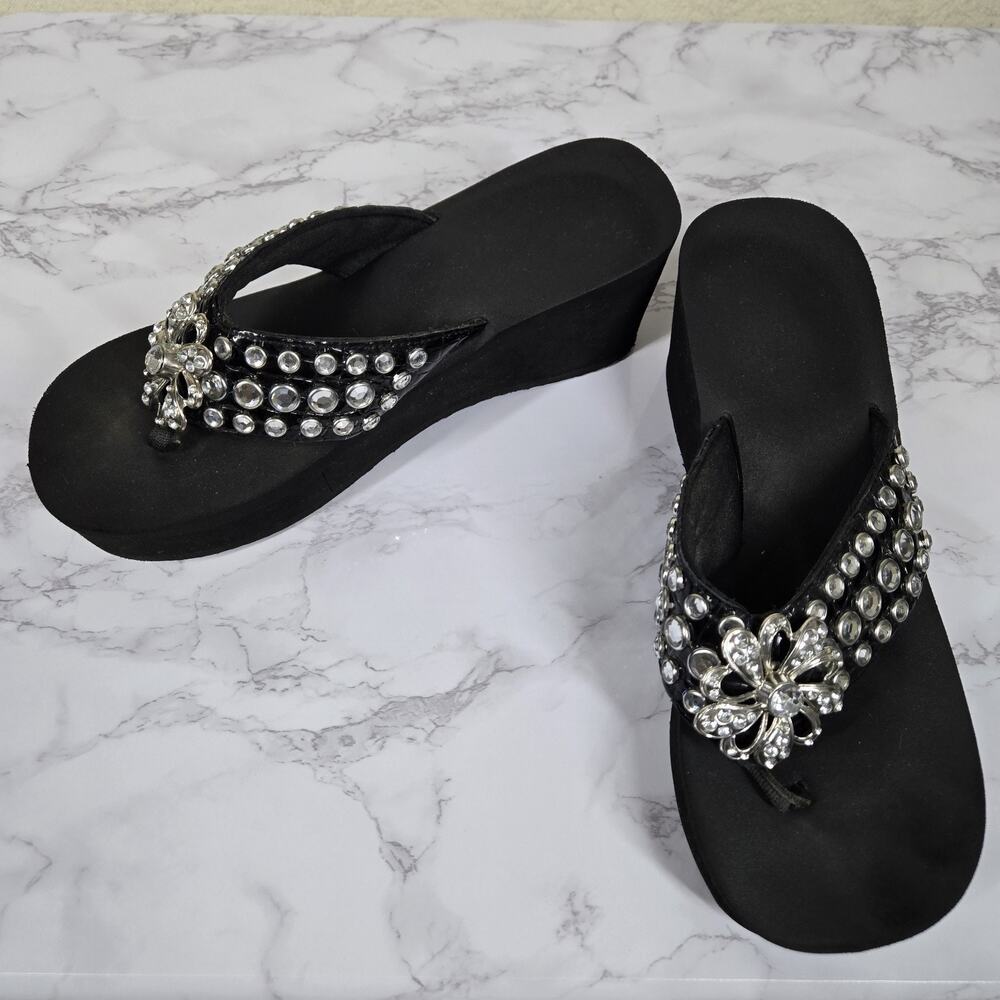 Grazie Rhinestone Wedge Flip Flops sz 9 Black Bling Sandals Glam Resort READ